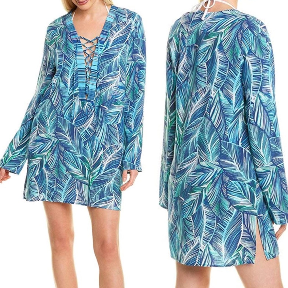 LA BLANCA NWT Sketched Leaves Long Sleeve Tunic Swim Cover-Up Medium